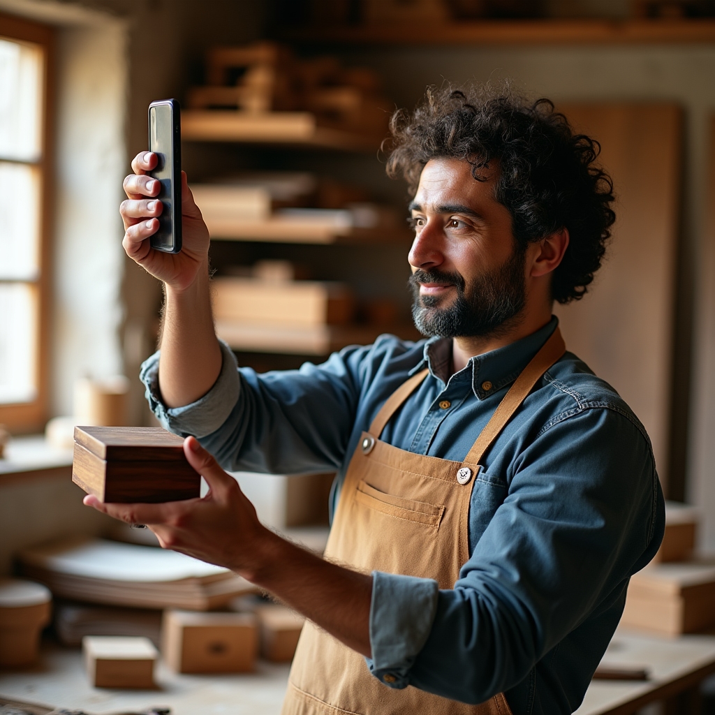 Artigiano del legno che fotografa il suo lavoro per la vendita online