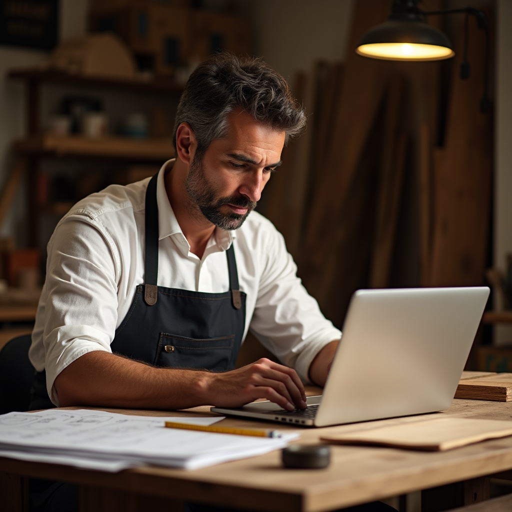 Artigiano che gestisce richieste di personalizzazione su laptop nel laboratorio